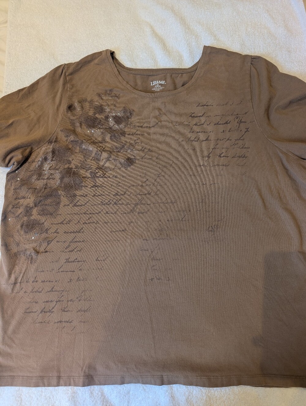 Liz & Me 1X Brown Graphic Tee Script Ruched Sleeve Rhinestone Top Y2K